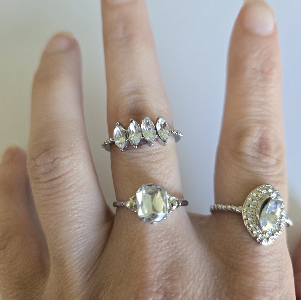 Womens rings silver tone Gems set of 3 NEW FLAWED